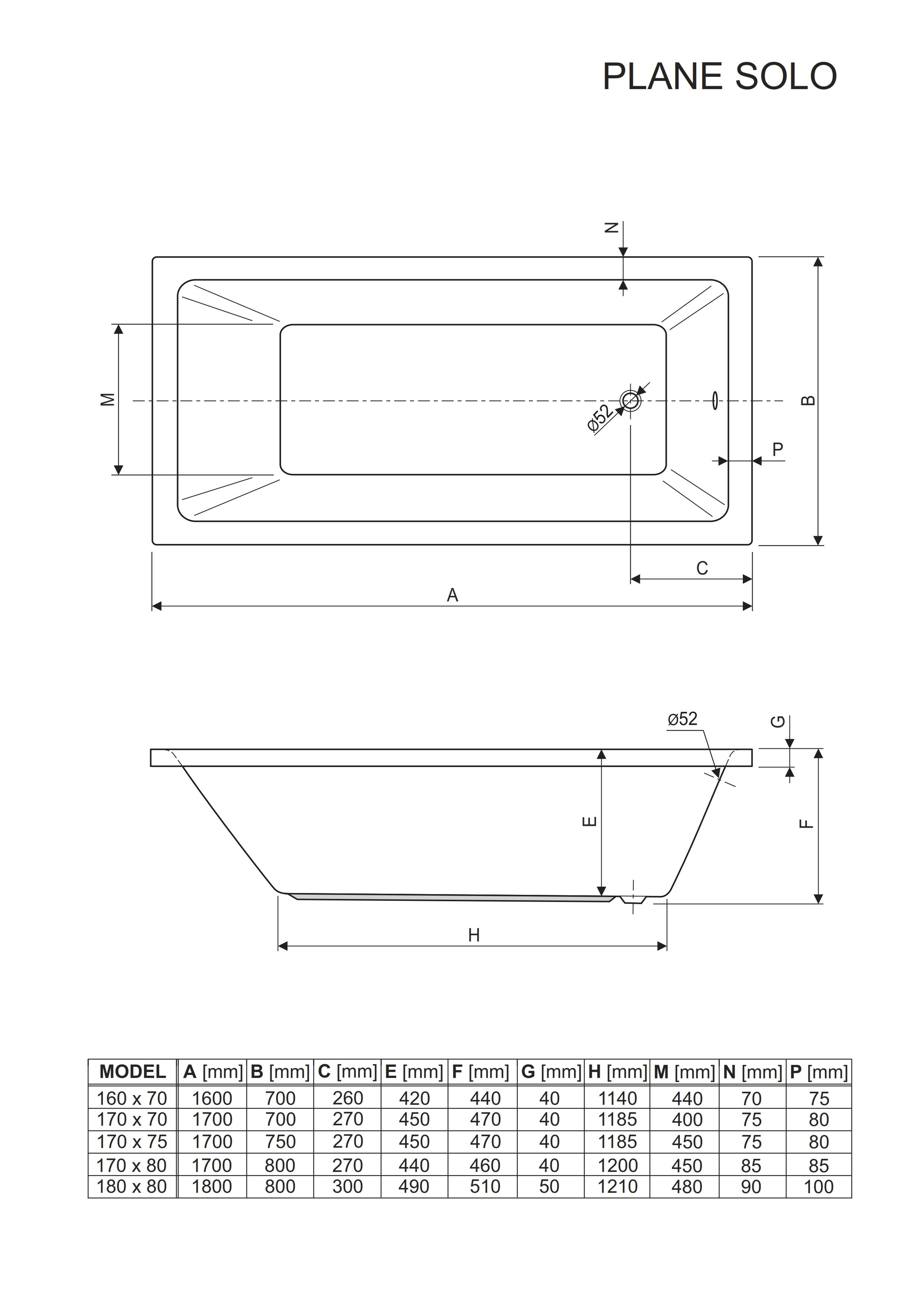 Акриловая ванна Cezares PLANE SOLO-170-80-49-W37