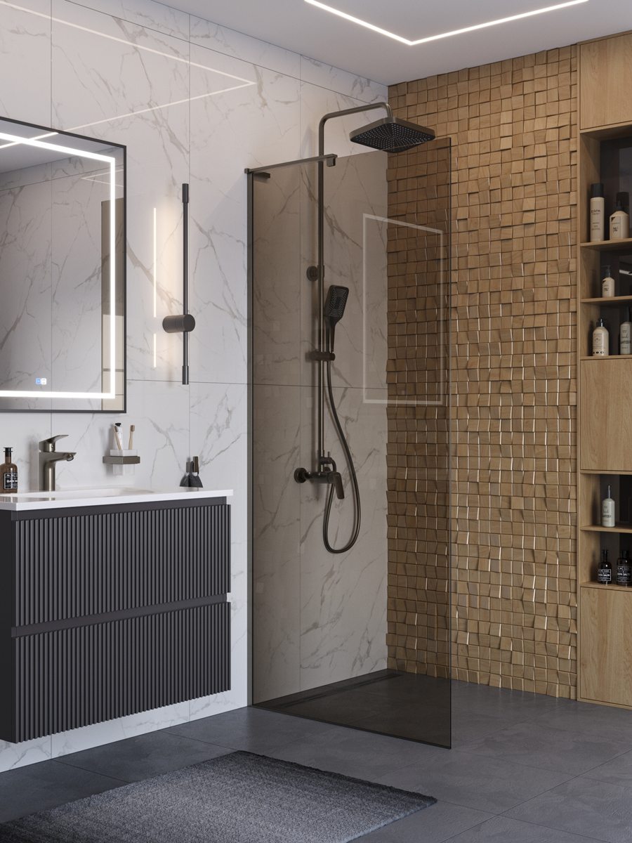 купить Душевая перегородка BelBagno UNO-L-1-TB-90-BR-GM профиль оружейная сталь, стекло бронза 