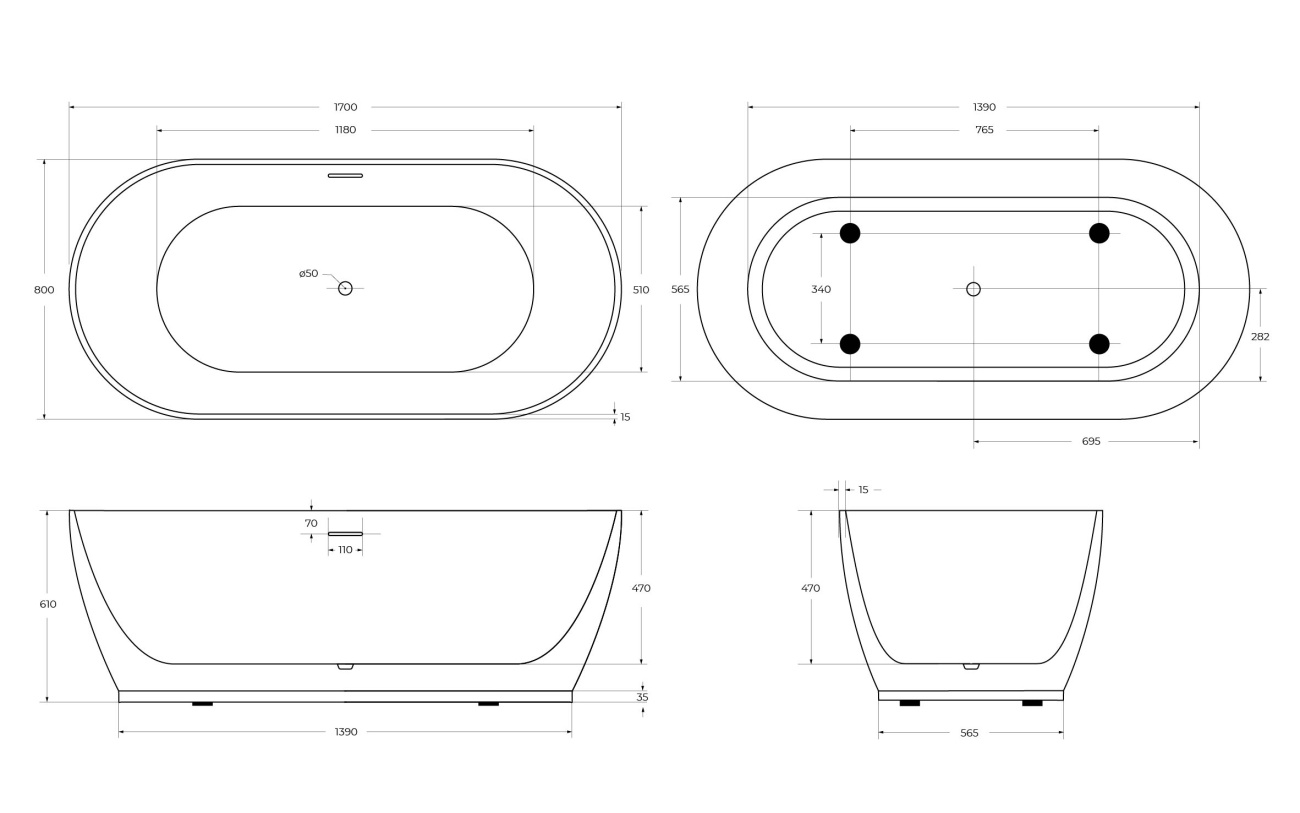Ванна акриловая отдельностоящая матовая BelBagno BB413-1700-800-MATT