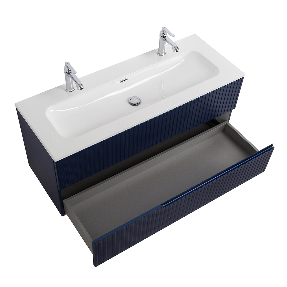 Тумба подвесная CEZARES DUET-N-1200-2C-SO-SPF-P с раковиной CZR-8073-120-1-2 с двумя отверстиями для смесителей, cапфир