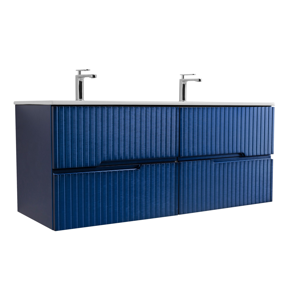 Тумба подвесная CEZARES DUET-N-1200-4C-SO-2-SPF-P с раковиной CZR-8073-120-2 с двумя чашами, сапфир