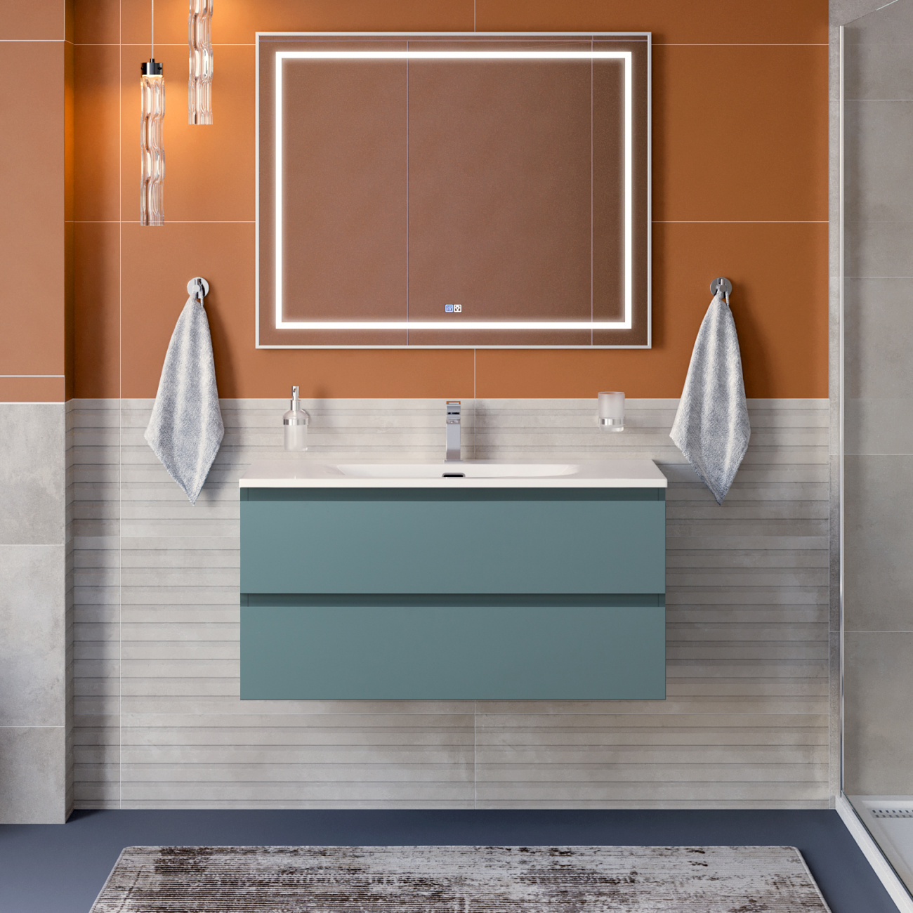 Тумба с раковиной подвесная BelBagno KRAFT-1000-2C-SO-AO Голубой матовый, раковина белая BB-8099-100