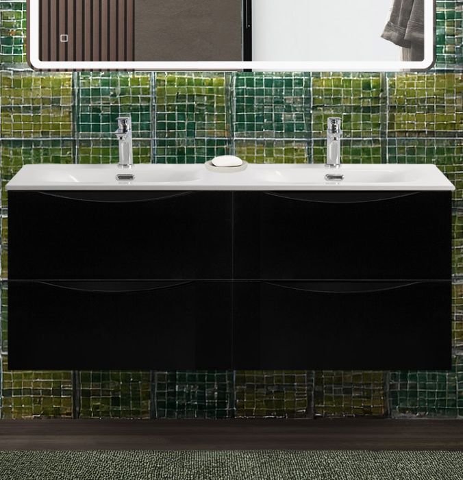 Тумба с раковиной подвесная BelBagno MARINO-CER-N-1200-4C-SO-NL-P Nero Lucido, раковина белая BB-8099-120-2 с 2-я чашами