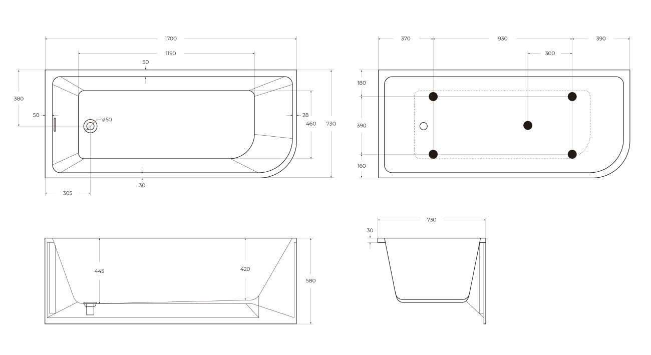 Асимметричная угловая акриловая ванна BelBagno BB712-1700-730-L