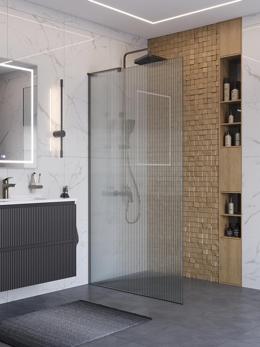 Душевая перегородка BelBagno UNO-L-1-TB-100-FL-GM профиль оружейная сталь, стекло  рифленое FLUTTO