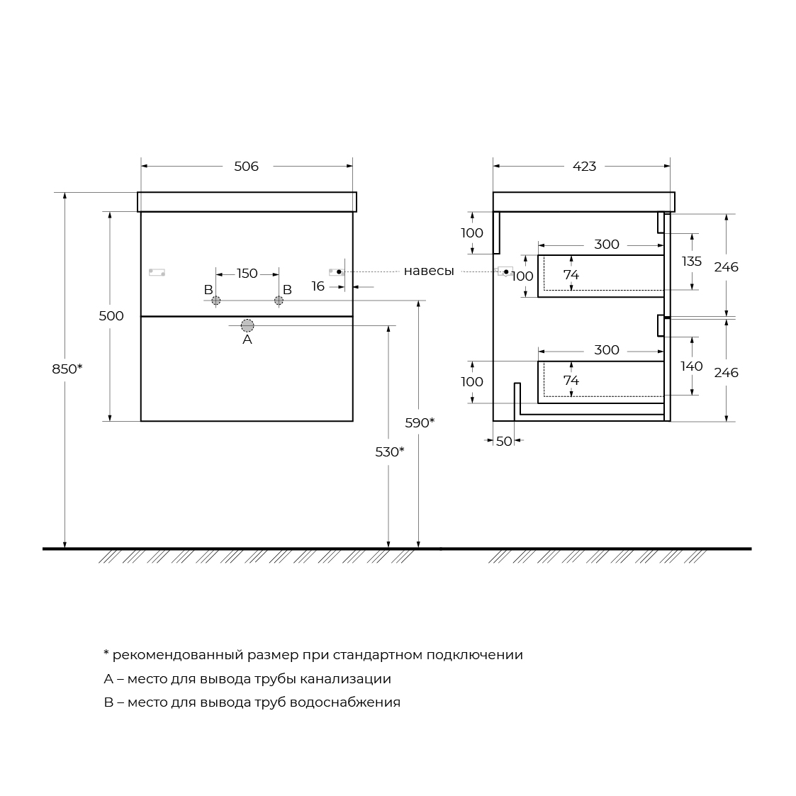 База подвесная с двумя выдвижными ящиками BelBagno DUE 50 DUE-500-2C-SO-GM-P
