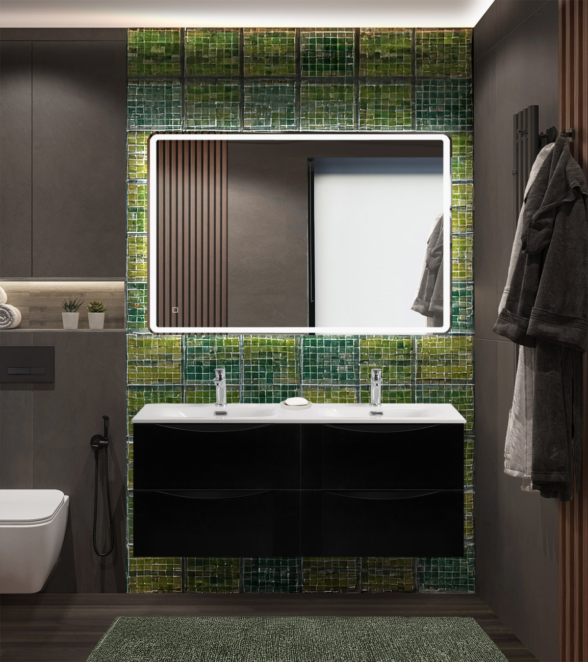 Тумба с раковиной подвесная BelBagno MARINO-CER-N-1200-4C-SO-NL-P Nero Lucido, раковина белая BB-8099-120-2 с 2-я чашами