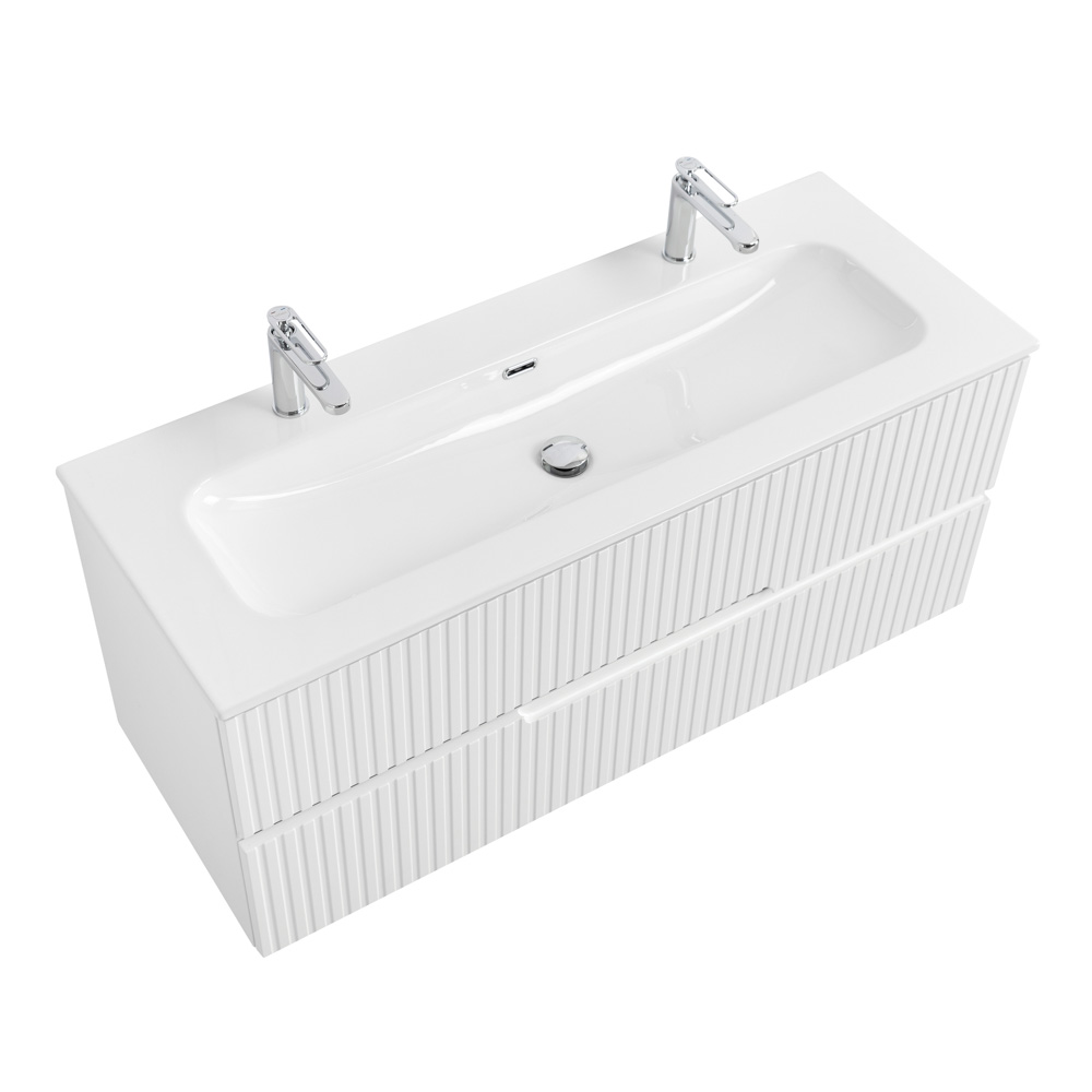 Тумба подвесная CEZARES DUET-N-1200-2C-SO-BL с раковиной CZR-8073-120-1-2 с двумя отверстиями для смесителей, белый глянец