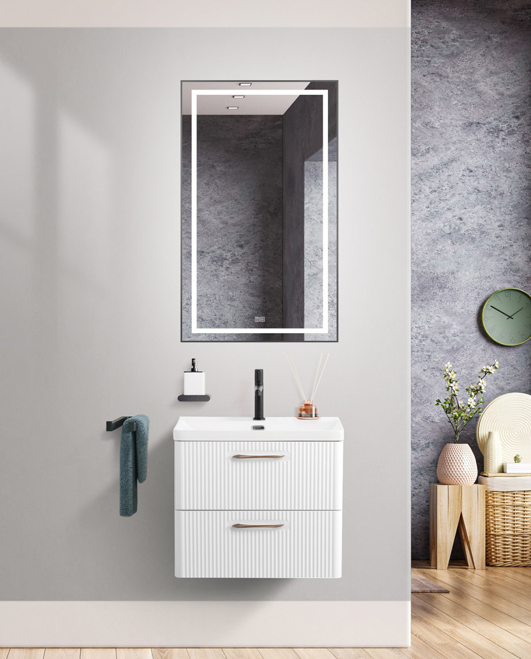 Подвесная тумба с раковиной Belbagno DUE 60 см Белый металлик DUE-600-2C-SO-BM-P + BB-8076-3-60