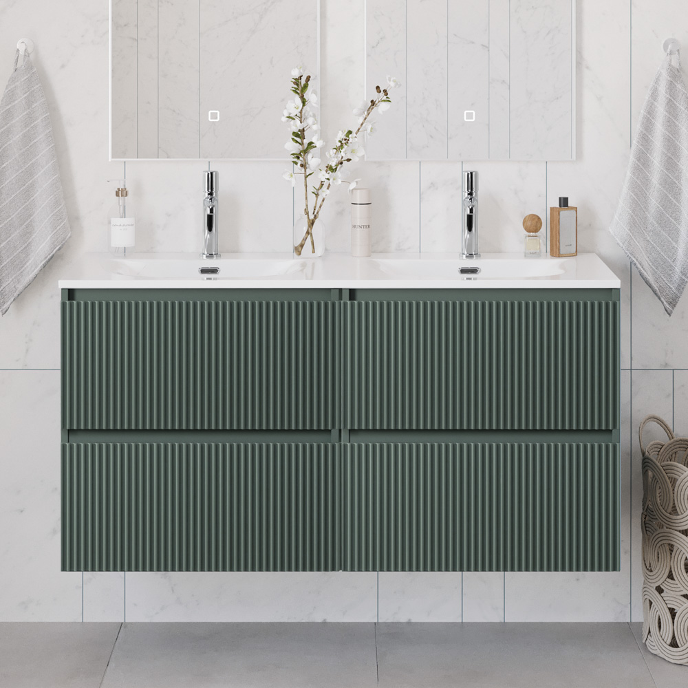Тумба с раковиной подвесная BelBagno UNO-1200-4C-SO-VO Еловый матовый, раковина белая BB-8099-120-2 с 2-я чашами