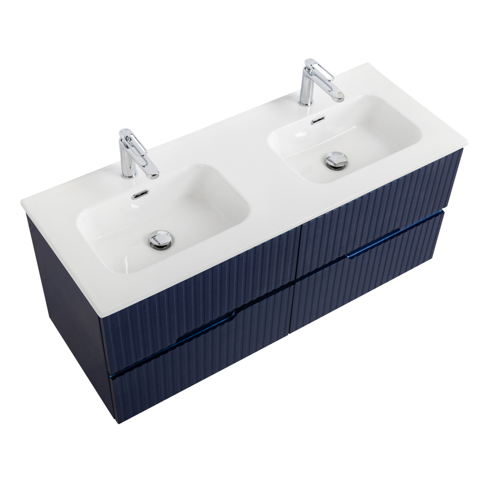 Тумба подвесная CEZARES DUET-N-1200-4C-SO-2-SPF-P с раковиной CZR-8095-120-2 с двумя чашами, сапфир