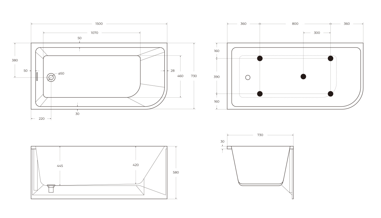 Асимметричная угловая акриловая ванна BelBagno BB712-1500-730-L