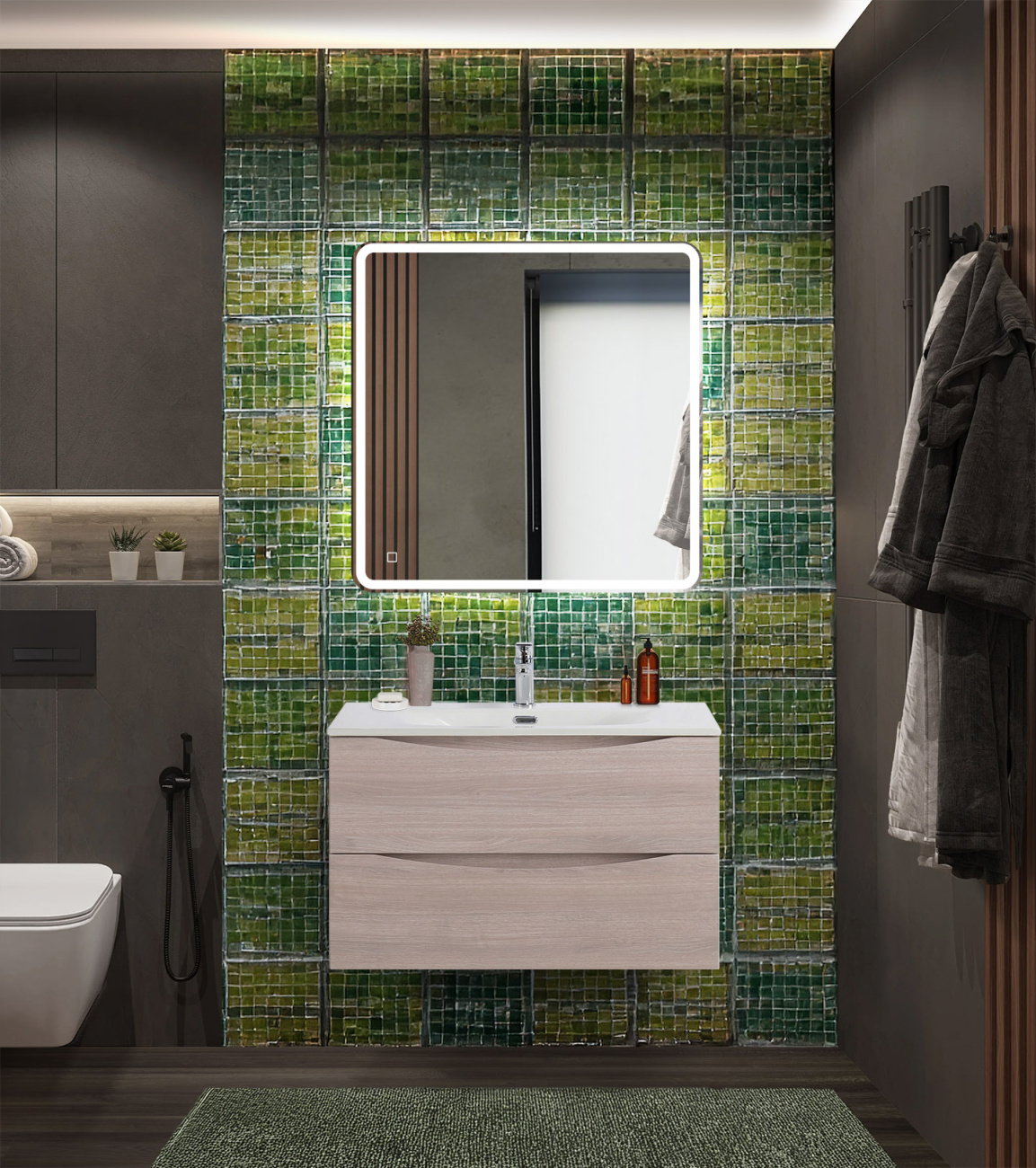 Тумба с раковиной подвесная BelBagno MARINO-CER-N-900-2C-SO-RG-P Rovere Grigio, раковина белая BB-8099-90