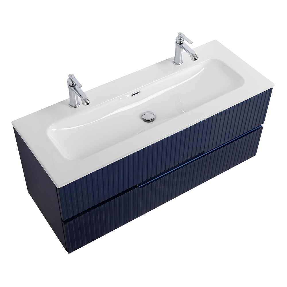 Тумба подвесная CEZARES DUET-N-1200-2C-SO-SPF-P с раковиной CZR-8073-120-1-2 с двумя отверстиями для смесителей, cапфир