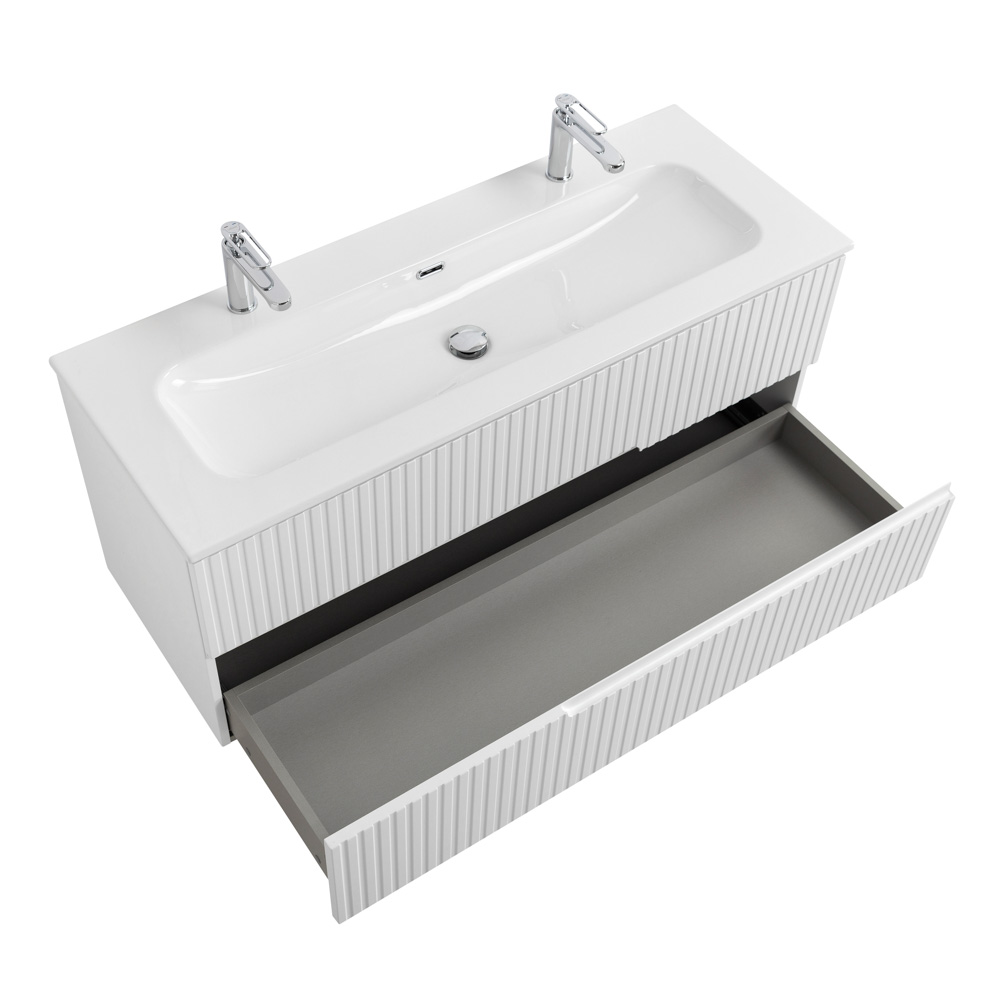 Тумба подвесная CEZARES DUET-N-1200-2C-SO-BL с раковиной CZR-8073-120-1-2 с двумя отверстиями для смесителей, белый глянец