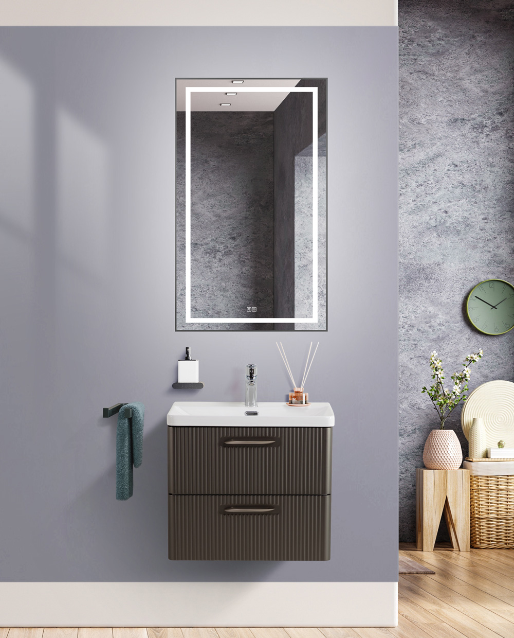 Подвесная тумба с раковиной Belbagno DUE 60 см Оружейная сталь DUE-600-2C-SO-GM-P + BB-8076-3-60