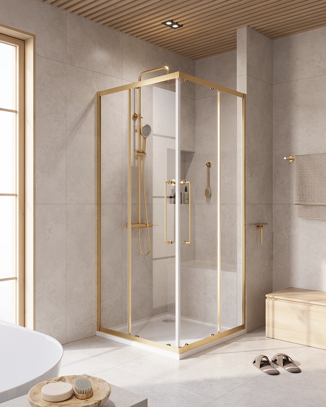 купить Душевой уголок Cezares RELAX-304-A-2-90-C-BORO, 90х90х200, профиль брашированное золото, прозрачное стекло 