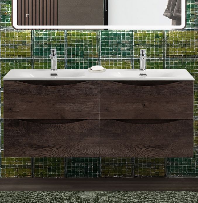 купить Тумба с раковиной подвесная BelBagno MARINO-CER-N-1200-4C-SO-RNG-P Rovere Nature Grigio, раковина белая BB-8099-120-2 с 2-я чашами 