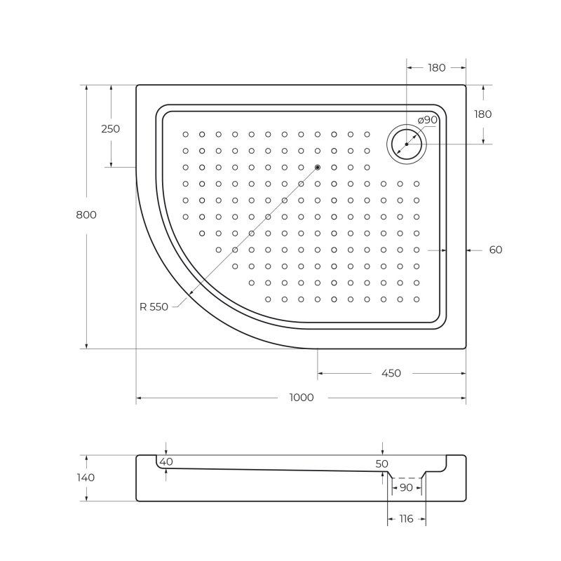 Поддон акриловый правосторонний Cezares TRAY-A-RH-100/80-550-15-W-R