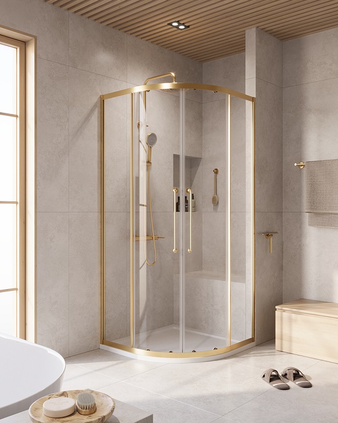 купить Душевой уголок Cezares RELAX-304-R-2-90-C-BORO, 90х90х200, профиль брашированное золото, прозрачное стекло 