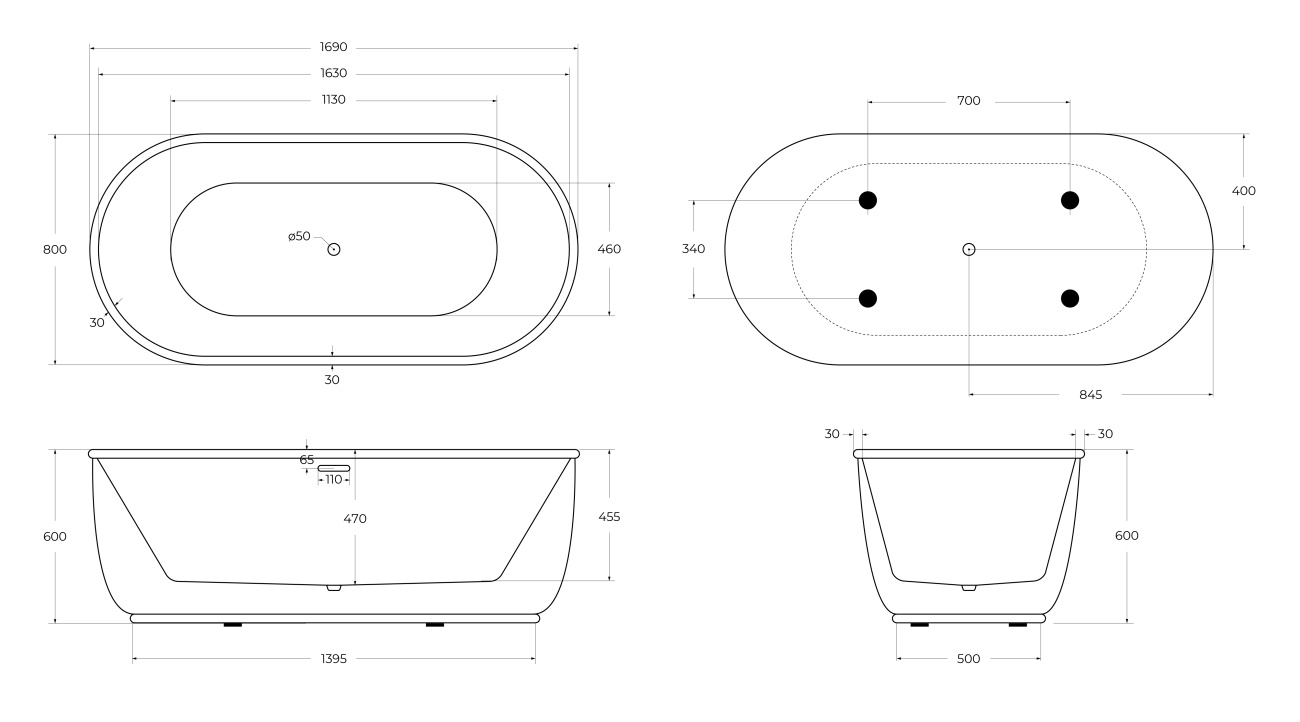 Ванна акриловая отдельностоящая BelBagno BB401-1700-800