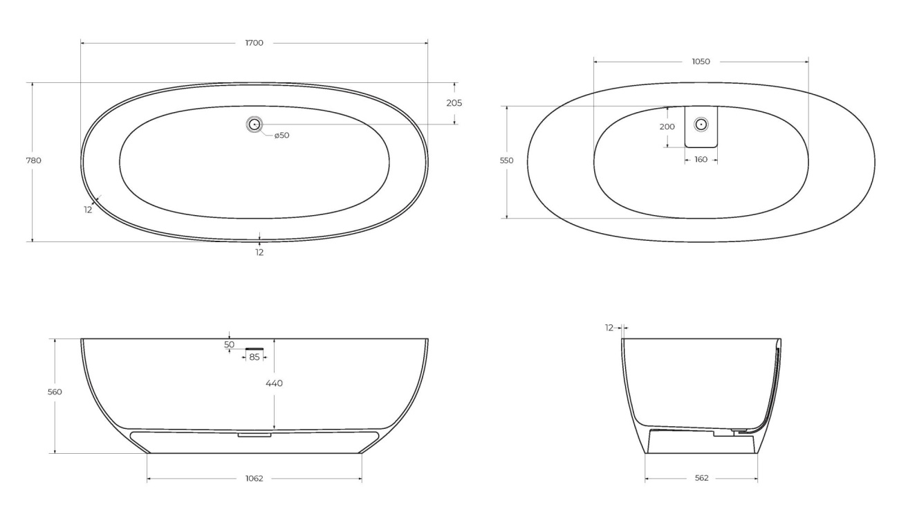 Ванна CEZARES CZR-STREAM-170-78-56-SSB из искусственного камня Solid Surface