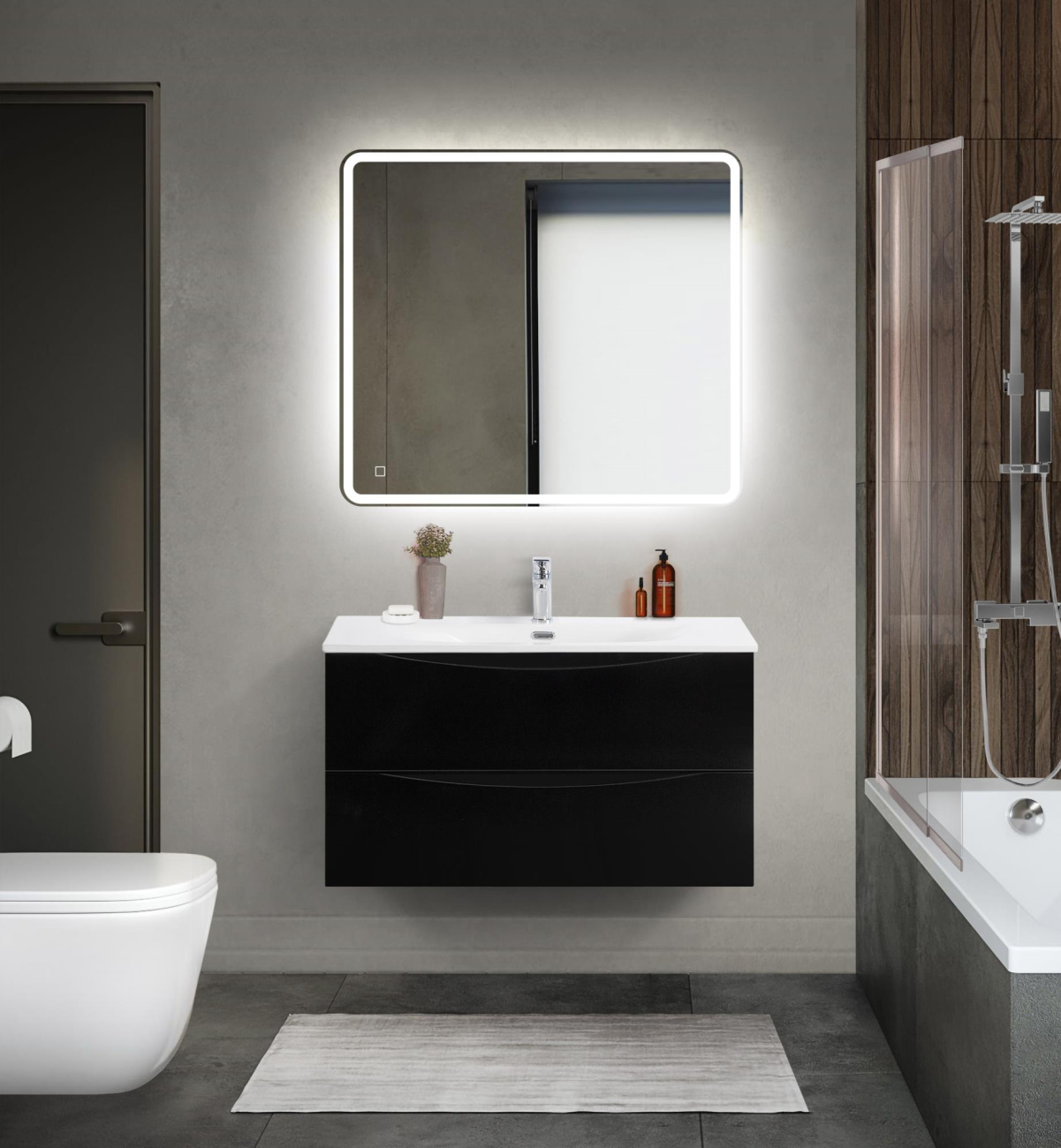 Тумба с раковиной подвесная BelBagno MARINO-CER-MINI-900-2C-SO-NL-P Nero Lucido, раковина белая BB-8099-3-90