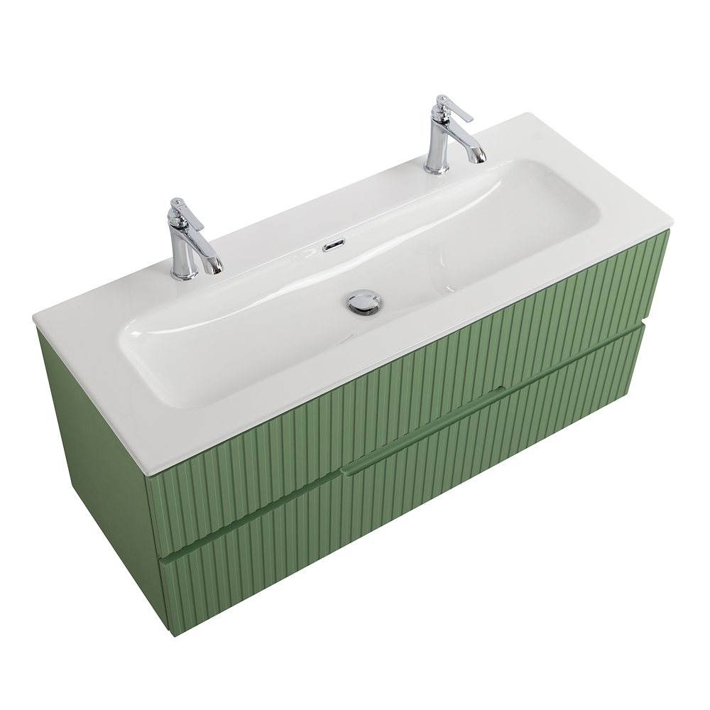 Тумба подвесная CEZARES DUET-N-1200-2C-SO-PS-P с раковиной CZR-8073-120-1-2 с двумя отверстиями для смесителей, фисташковый софт