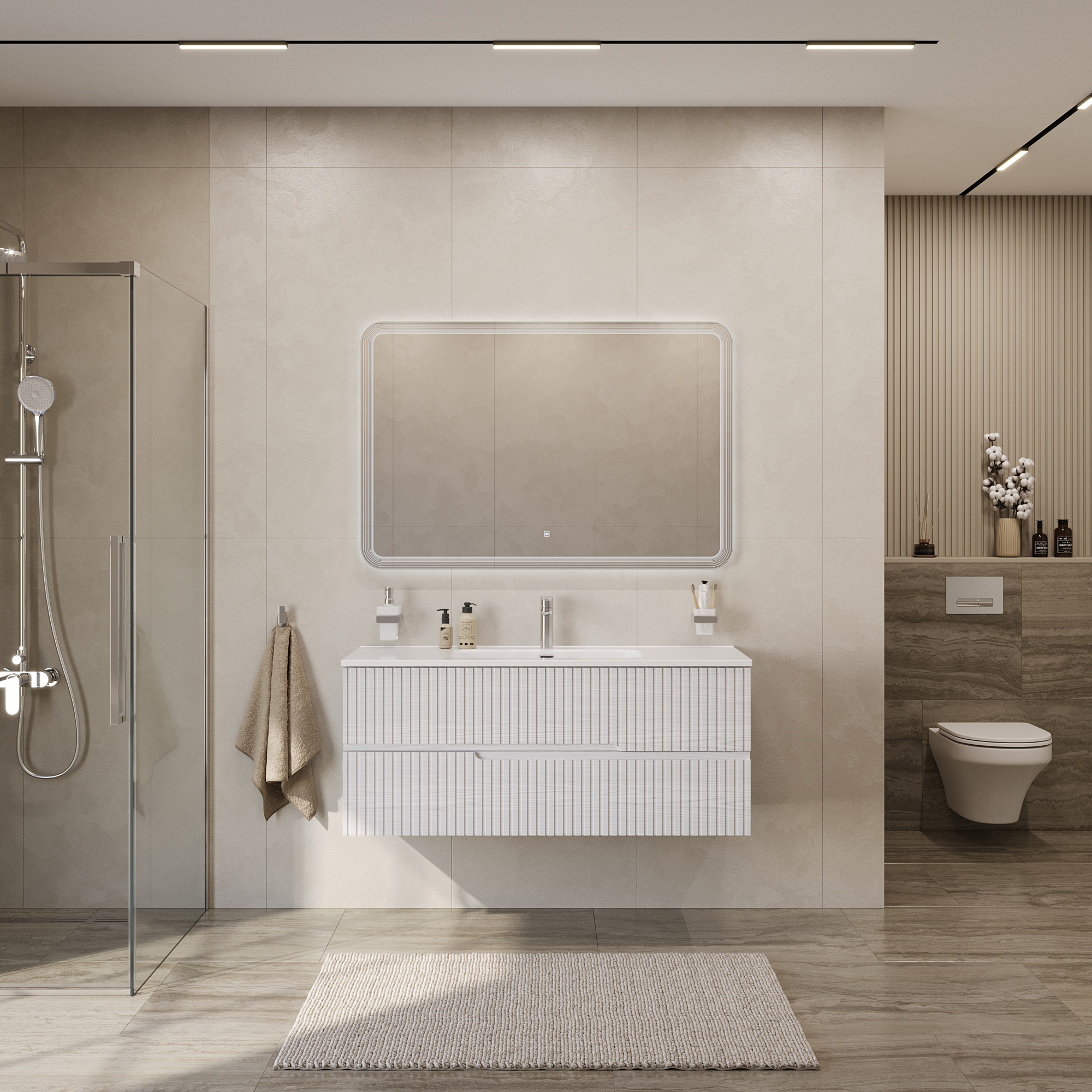 Тумба подвесная CEZARES DUET-N-1200-2C-SO-FBS-P с раковиной CZR-8095-120, ясень белый софт