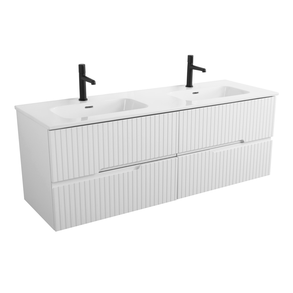 Тумба подвесная CEZARES DUET-N-1400-4C-SO-2-BL с раковиной CZR-8095-140-2 с двумя чашами, белый глянец
