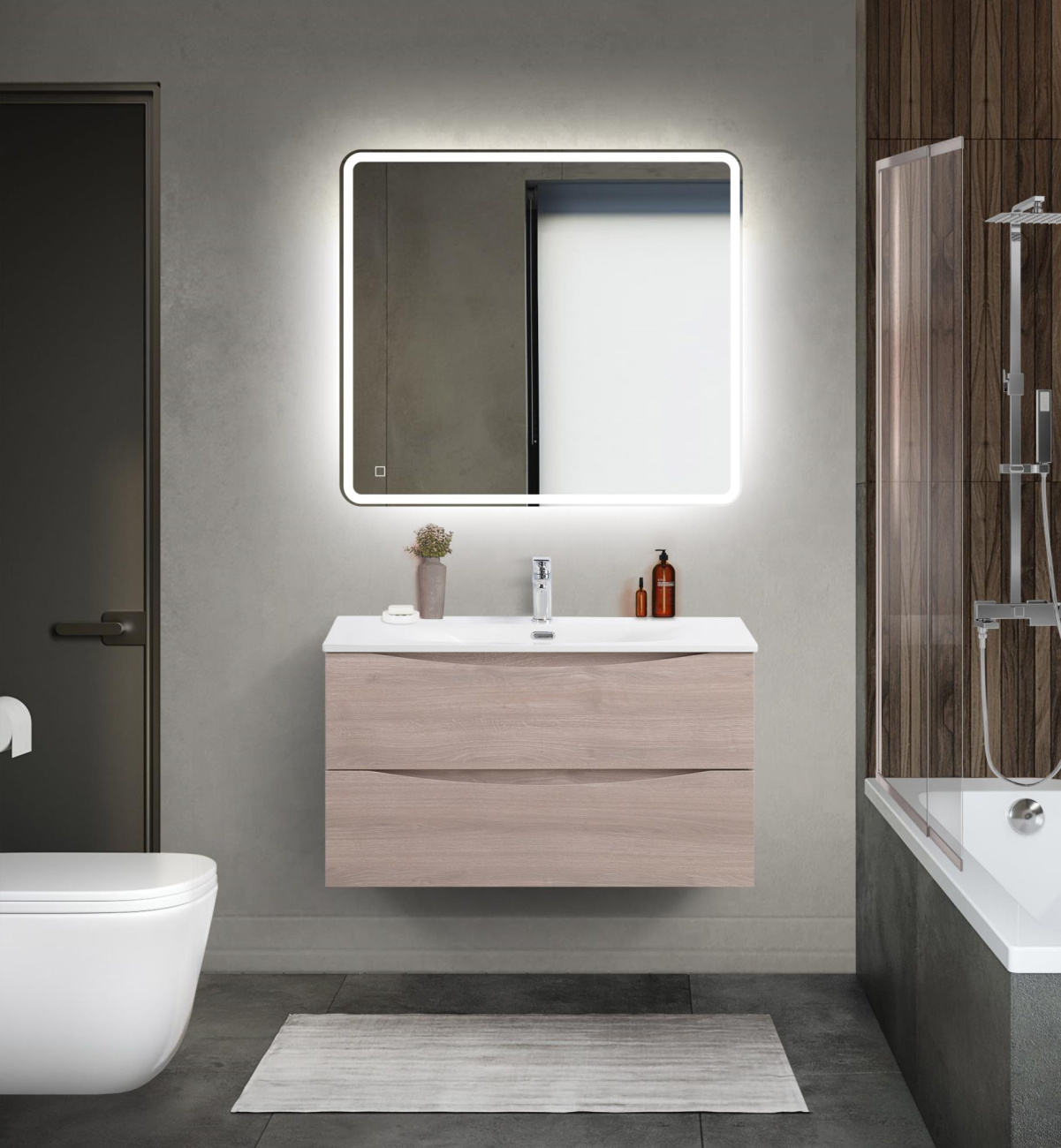 Тумба с раковиной подвесная BelBagno MARINO-CER-MINI-900-2C-SO-RG-P Rovere Grigio, раковина белая BB-8099-3-90