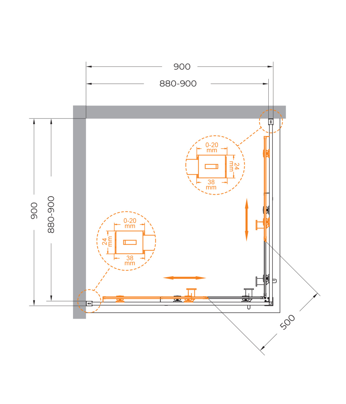 Душевой уголок Cezares RELAX-304-A-2-90-C-BORO, 90х90х200, профиль брашированное золото, прозрачное стекло