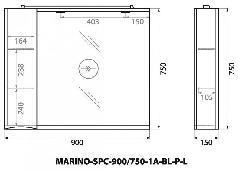 Зеркальный шкаф левосторонний BelBagno MARINO-SPC-900/750-1A-BL-P-L