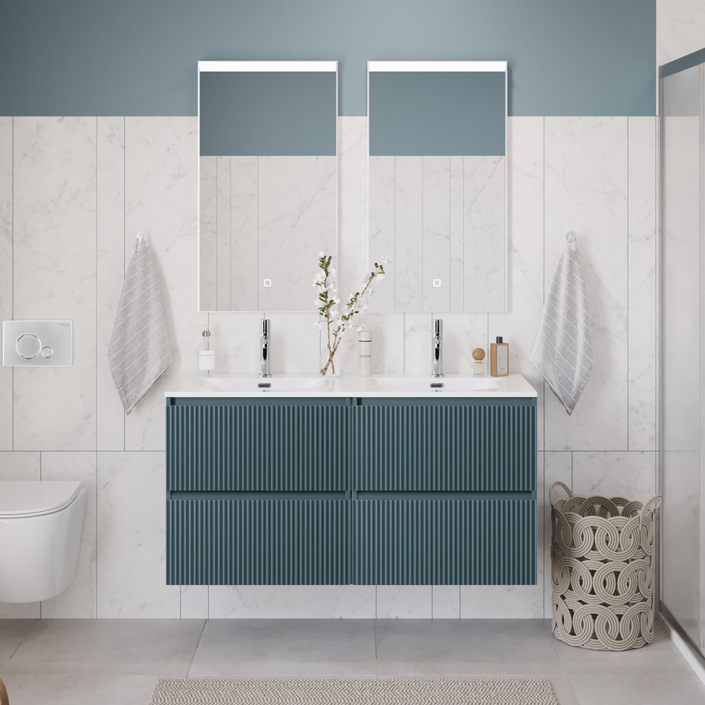 Тумба с раковиной подвесная BelBagno UNO-1200-4C-SO-AO Голубой матовый, раковина белая BB-8099-120-2 с 2-я чашами