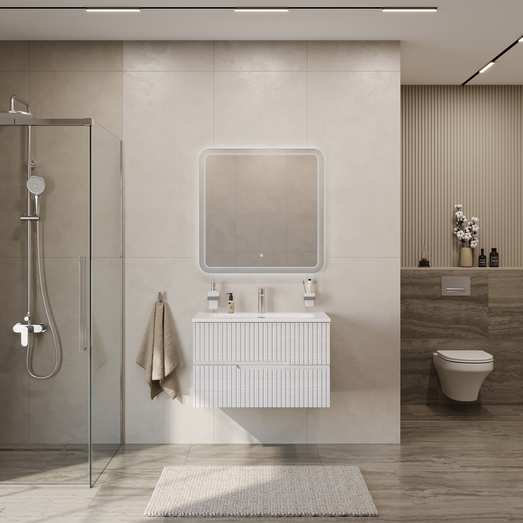 Тумба подвесная CEZARES DUET-N-800-2C-SO-FBS-P с раковиной CZR-8073-80, ясень белый софт