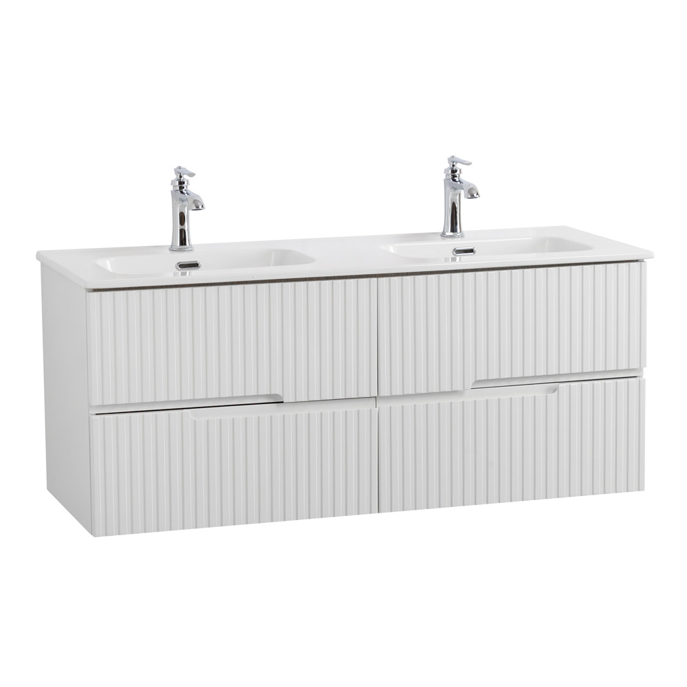 Тумба подвесная CEZARES DUET-N-1200-4C-SO-2-BL с раковиной CZR-8095-120-2 с двумя чашами, белый глянец