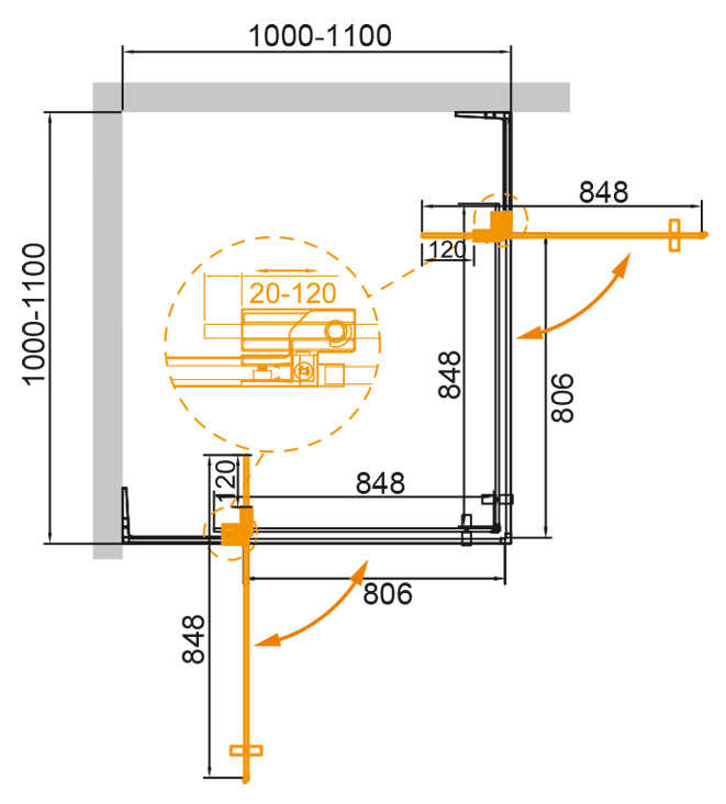 Душевой уголок CEZARES SLIDER-A-2-100/110-GRIGIO-BORO