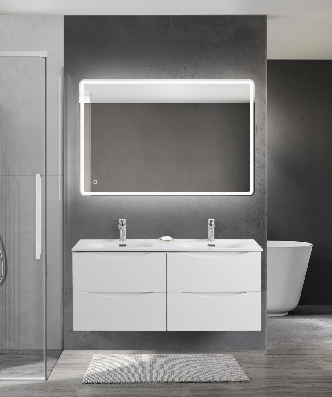 Тумба с раковиной подвесная BelBagno MARINO-CER-N-1200-4C-SO-BO-P Bianco Opaco, раковина белая BB-8099-120-2 с 2-я чашами