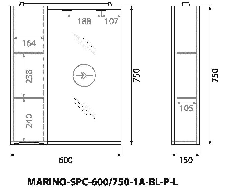 Зеркальный шкаф левосторонний BelBagno MARINO-SPC-600/750-1A-BL-P-L