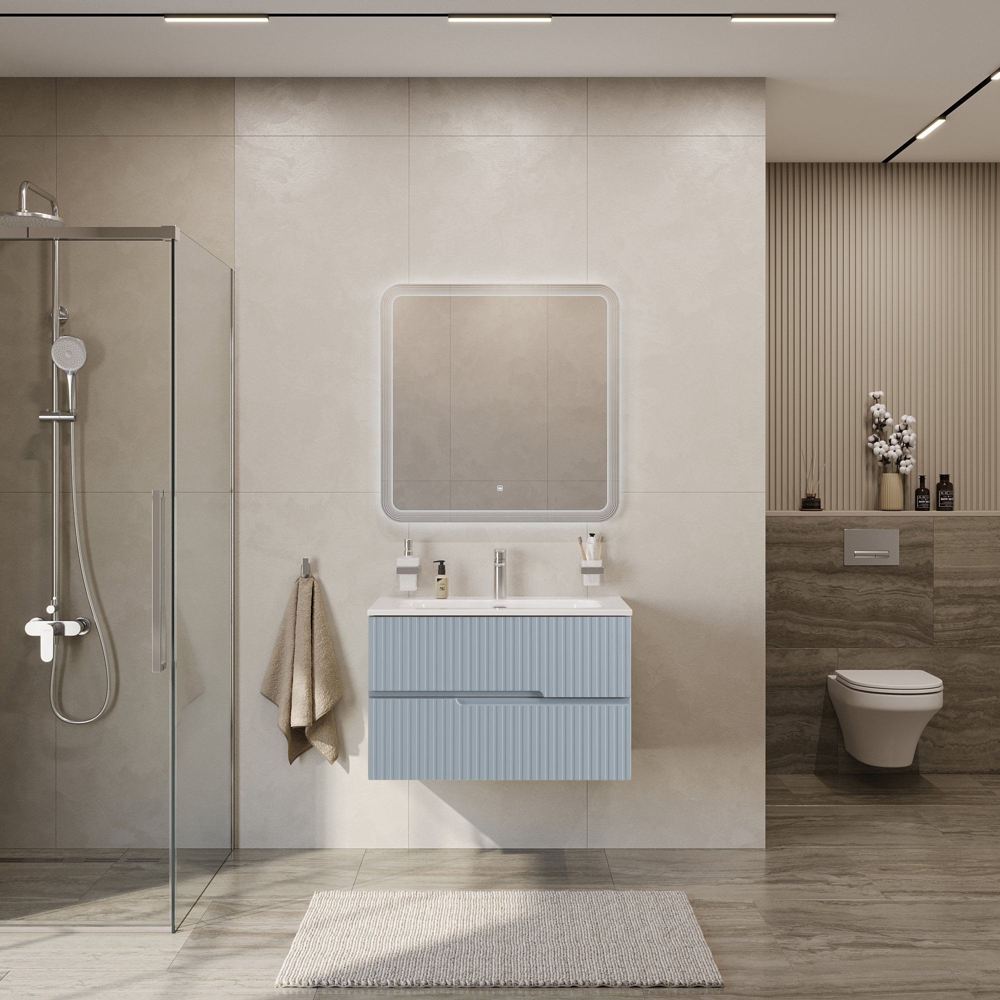 Тумба подвесная CEZARES DUET-N-800-2C-SO-APR-P с раковиной CZR-8073-80, голубой жемчужный