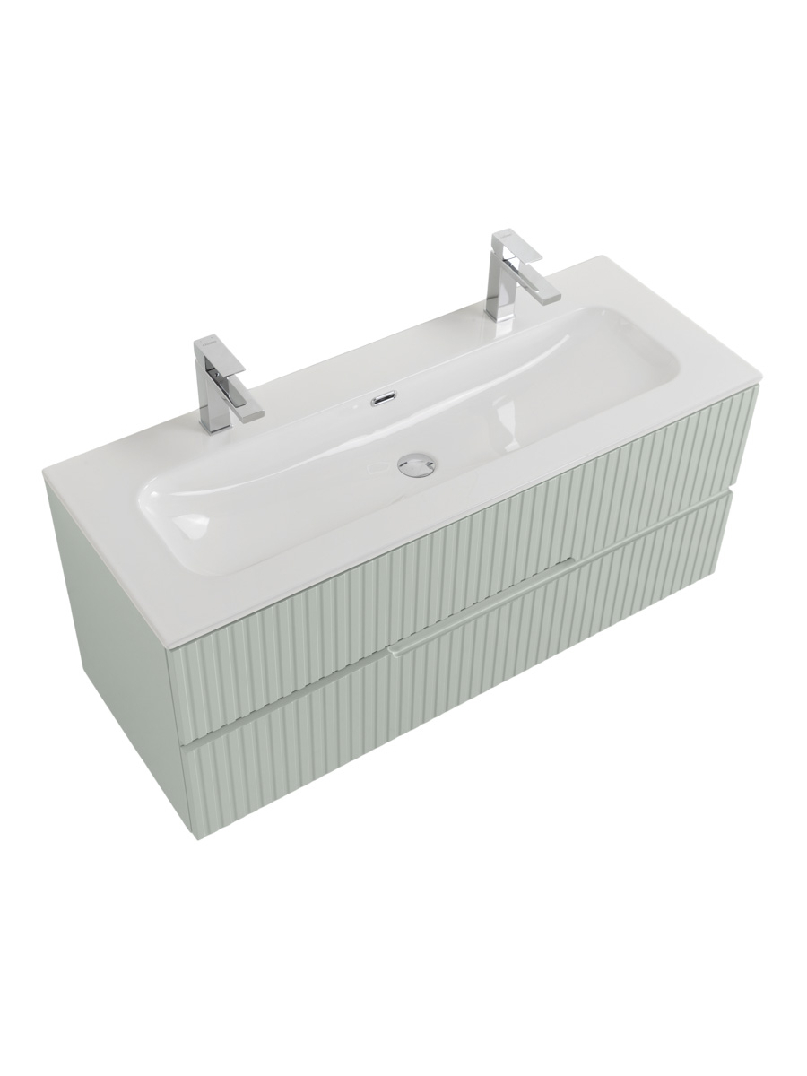 Тумба подвесная CEZARES DUET-N-1200-2C-SO-VPR-P с раковиной CZR-8073-120-1-2 с двумя отверстиями для смесителей, зеленый жемчужный