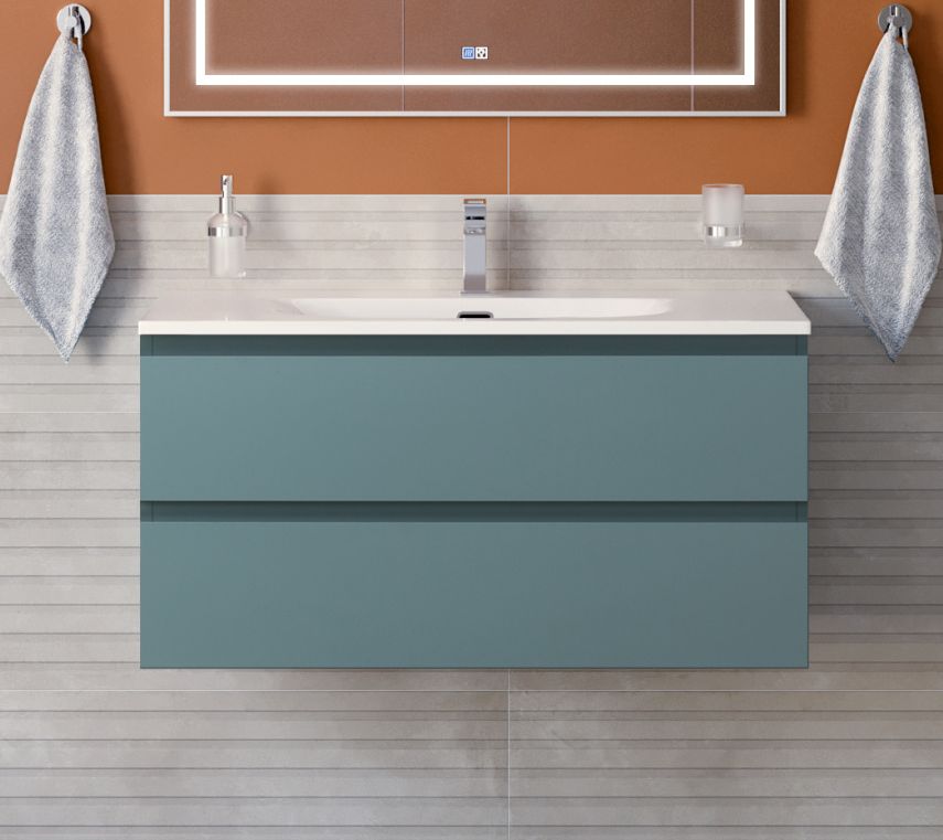 Тумба с раковиной подвесная BelBagno KRAFT-1000-2C-SO-AO Голубой матовый, раковина белая BB-8099-100