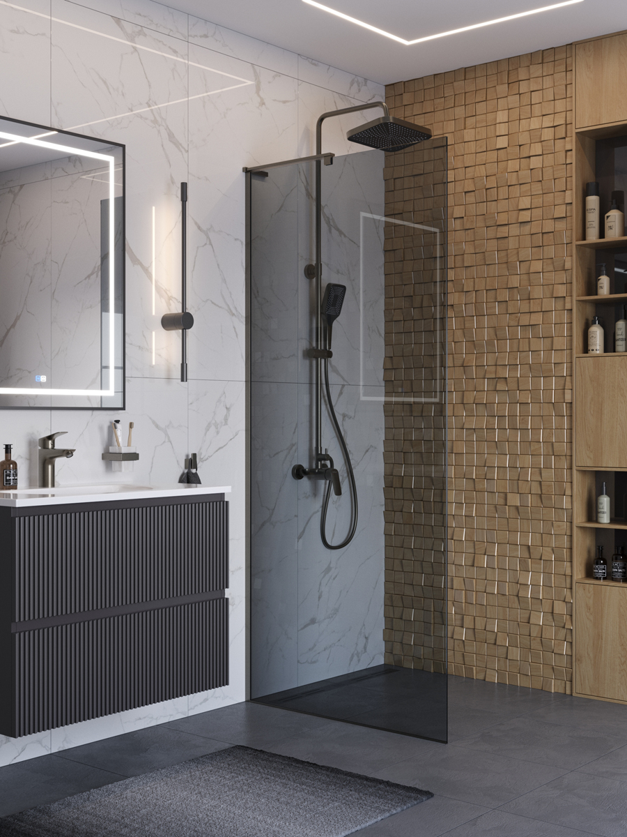 купить Душевая перегородка BelBagno UNO-L-1-TB-90-GR-GM профиль оружейная сталь, стекло серое 