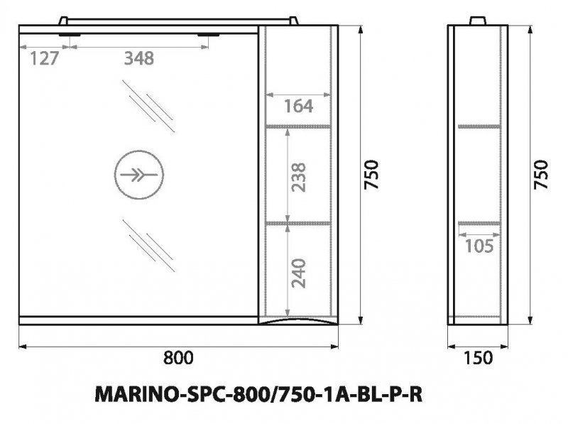 Зеркальный шкаф правосторонний BelBagno MARINO-SPC-800/750-1A-BL-P-R