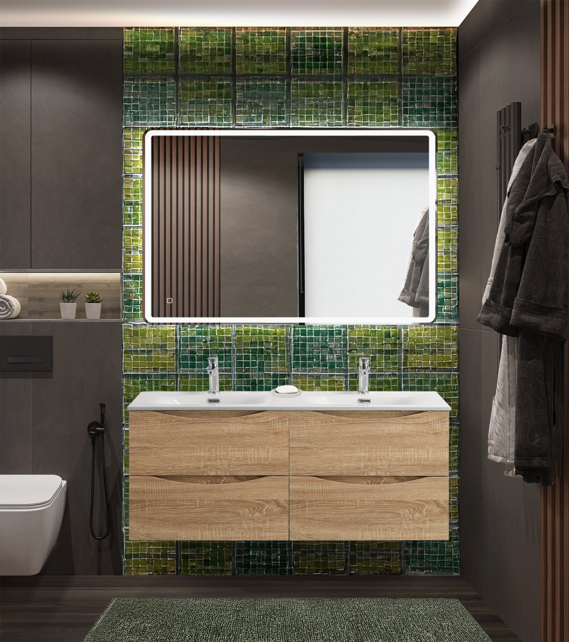 Тумба с раковиной подвесная BelBagno MARINO-CER-N-1200-4C-SO-WO-P Rovere Bianco, раковина белая BB-8099-120-2 с 2-я чашами