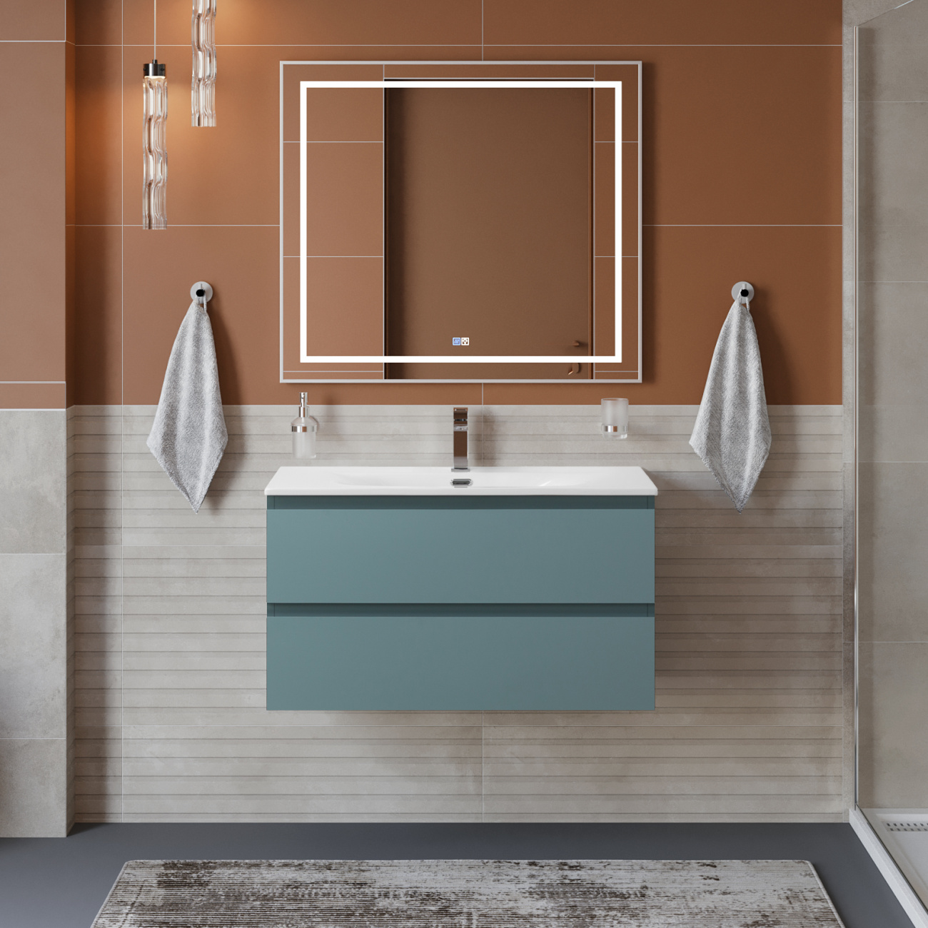 Тумба с раковиной подвесная BelBagno KRAFT-900-2C-SO-AO Голубой матовый, раковина белая BB-8099-90