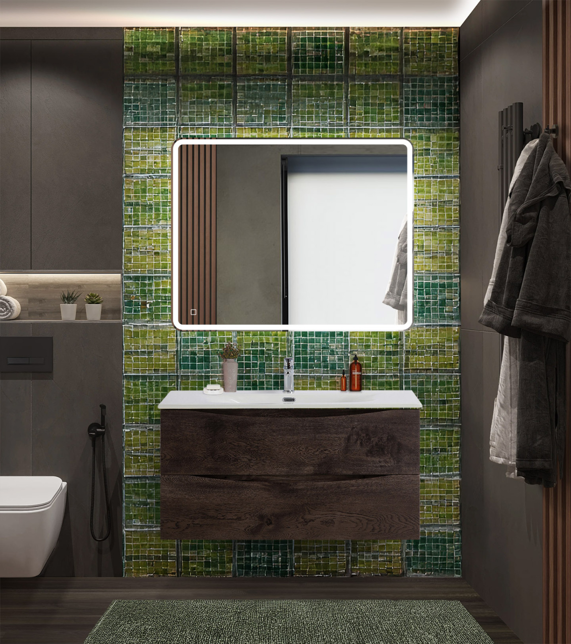 Тумба с раковиной подвесная BelBagno MARINO-CER-N-1000-2C-SO-RNG-P Rovere Nature Grigio, раковина белая BB-8099-100