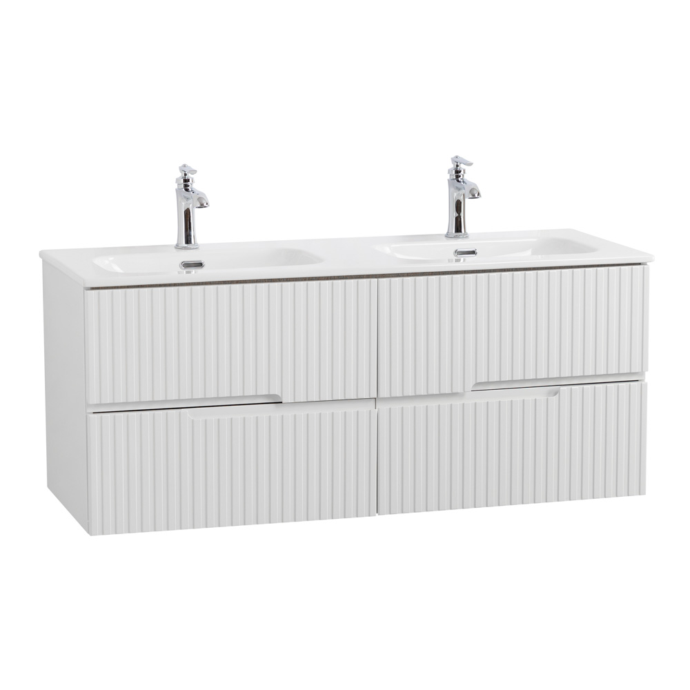 Тумба подвесная CEZARES DUET-N-1200-4C-SO-2-BL с раковиной CZR-8073-120-2 с двумя чашами, белый глянец
