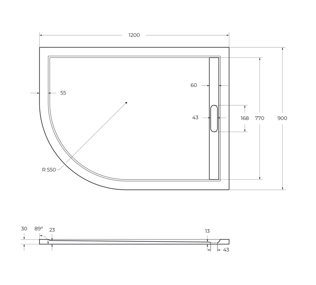Поддон из искусственного мрамора 120х90 Cezares TRAY-AS-RH-120/90-550-30-W-R без сифона