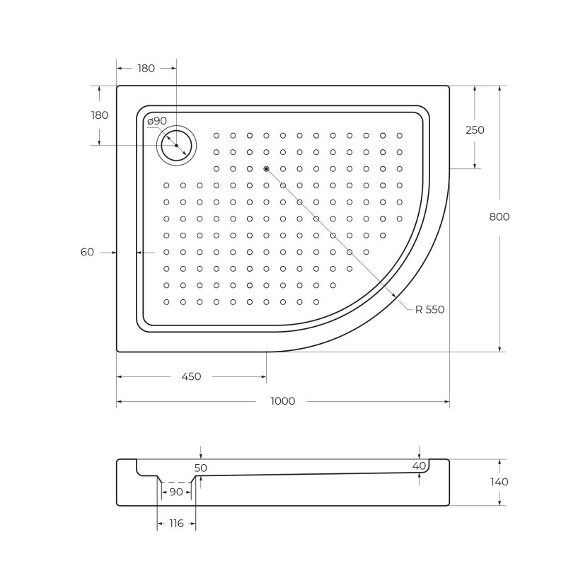 Поддон акриловый 100х80 левосторонний Cezares TRAY-A-RH-100/80-550-15-W-L с сифоном